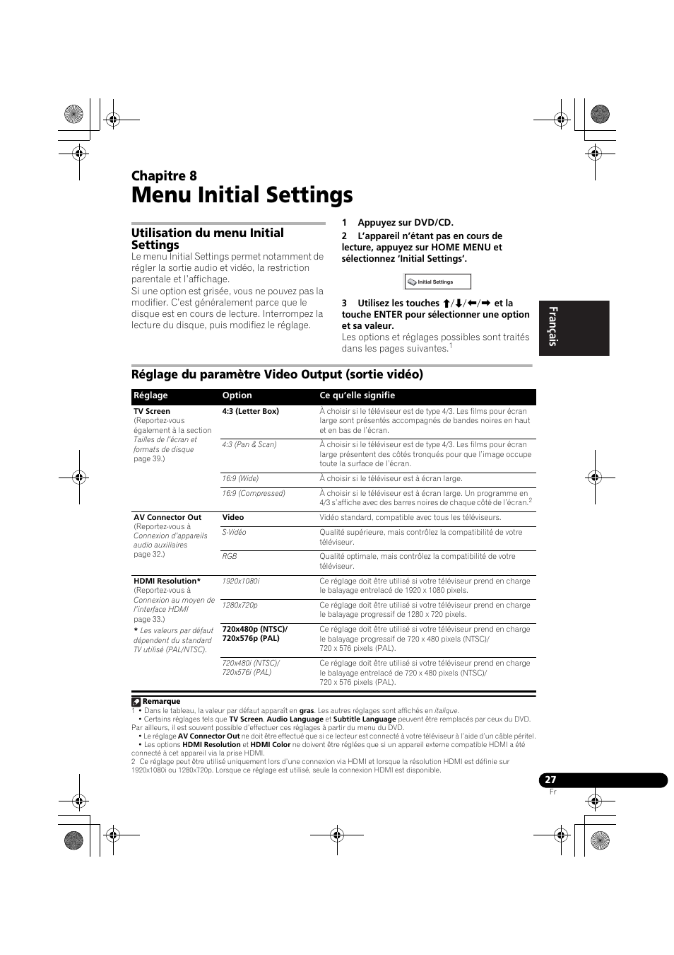 08 menu initial settings, Utilisation du menu initial settings, Réglage du paramètre video output (sortie vidéo) | Menu initial settings, Chapitre 8, Françai s françai s deut sch | Pioneer DCS-370 User Manual | Page 73 / 141