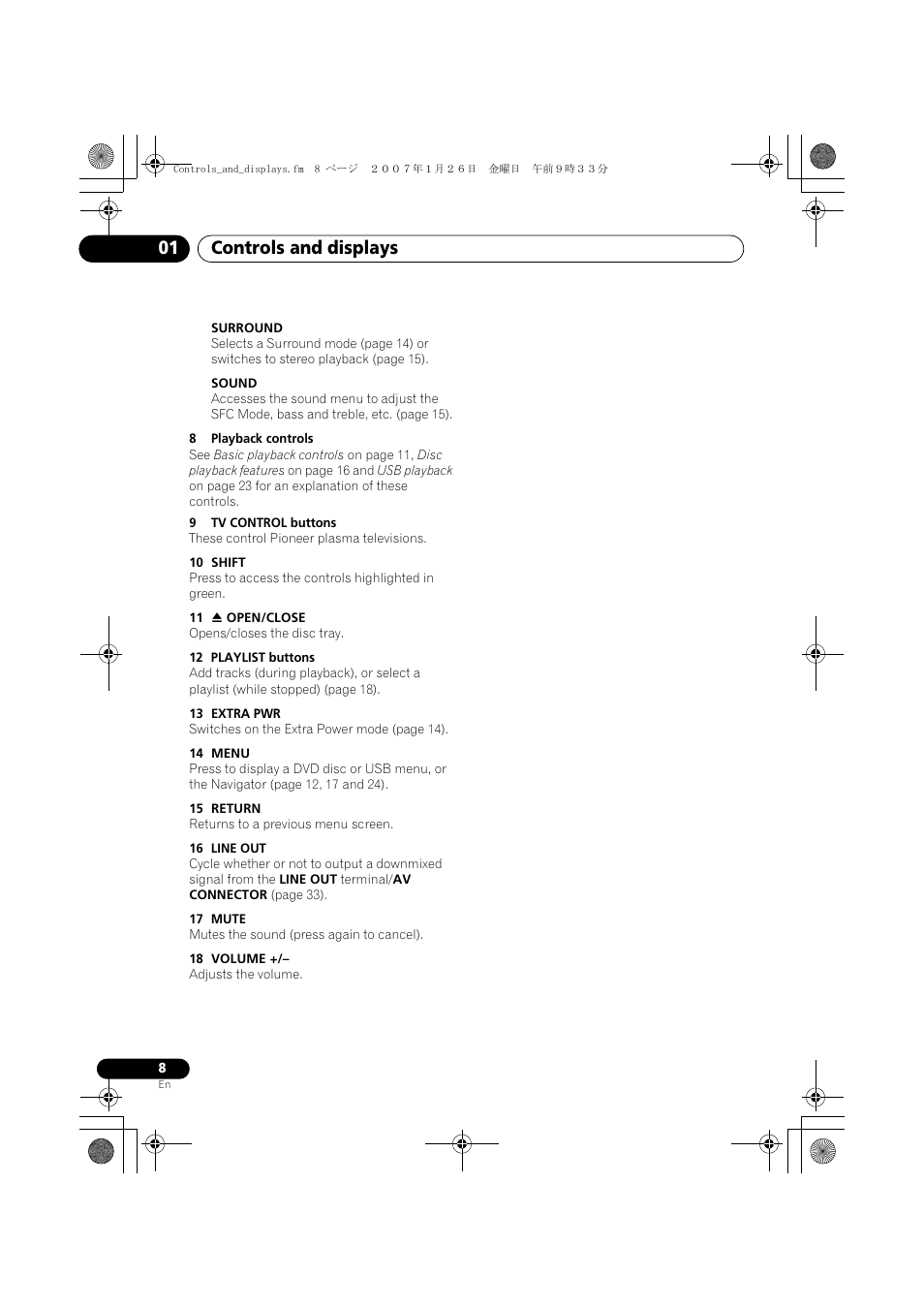 Controls and displays 01 | Pioneer DCS-370 User Manual | Page 8 / 141