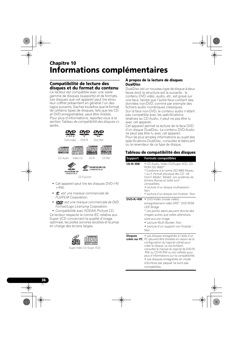 10 informations complémentaires, Tableau de compatibilité des disques, Informations complémentaires | Chapitre 10 | Pioneer DCS-370 User Manual | Page 82 / 141