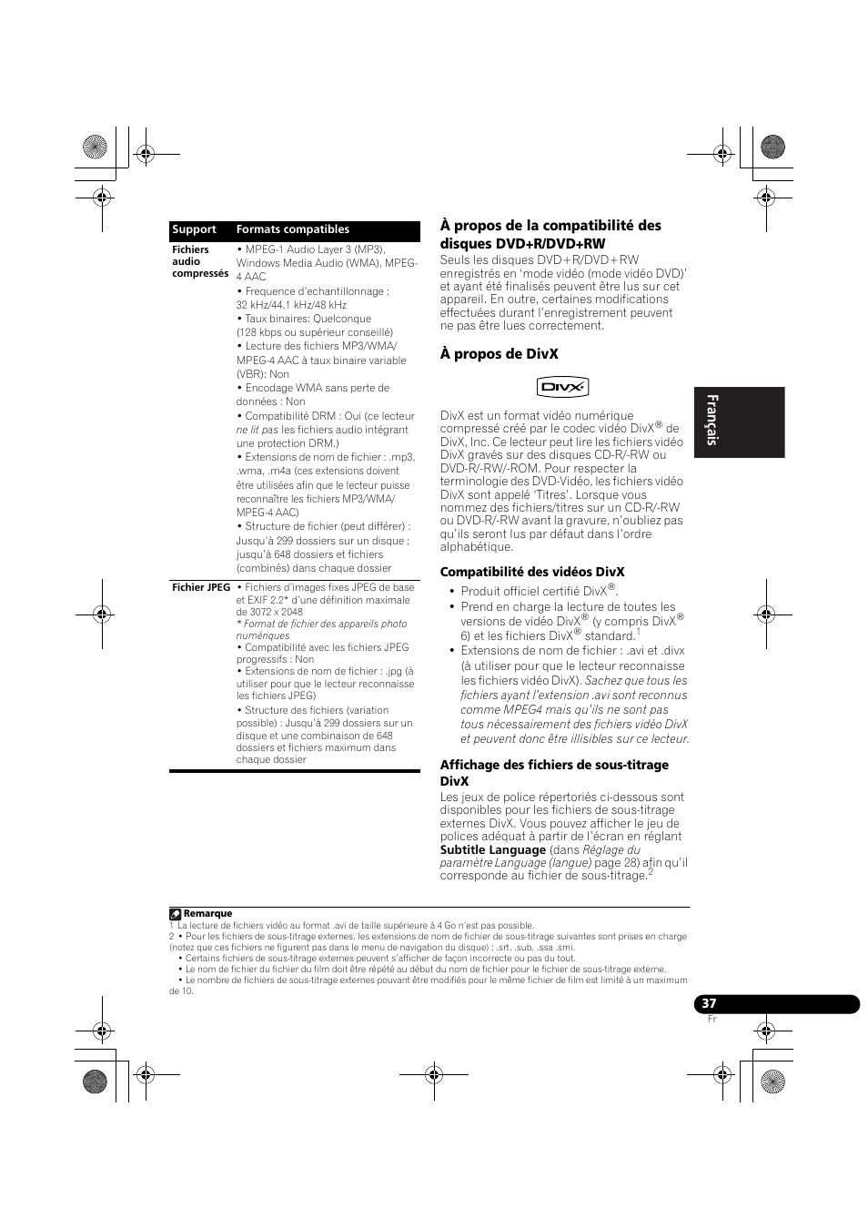 À propos de divx, Françai s françai s deut sch | Pioneer DCS-370 User Manual | Page 83 / 141