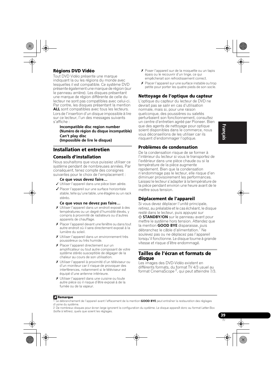 Régions dvd vidéo, Installation et entretien, Conseils d’installation | Nettoyage de l’optique du capteur, Problèmes de condensation, Déplacement de l’appareil, Tailles de l’écran et formats de disque | Pioneer DCS-370 User Manual | Page 85 / 141