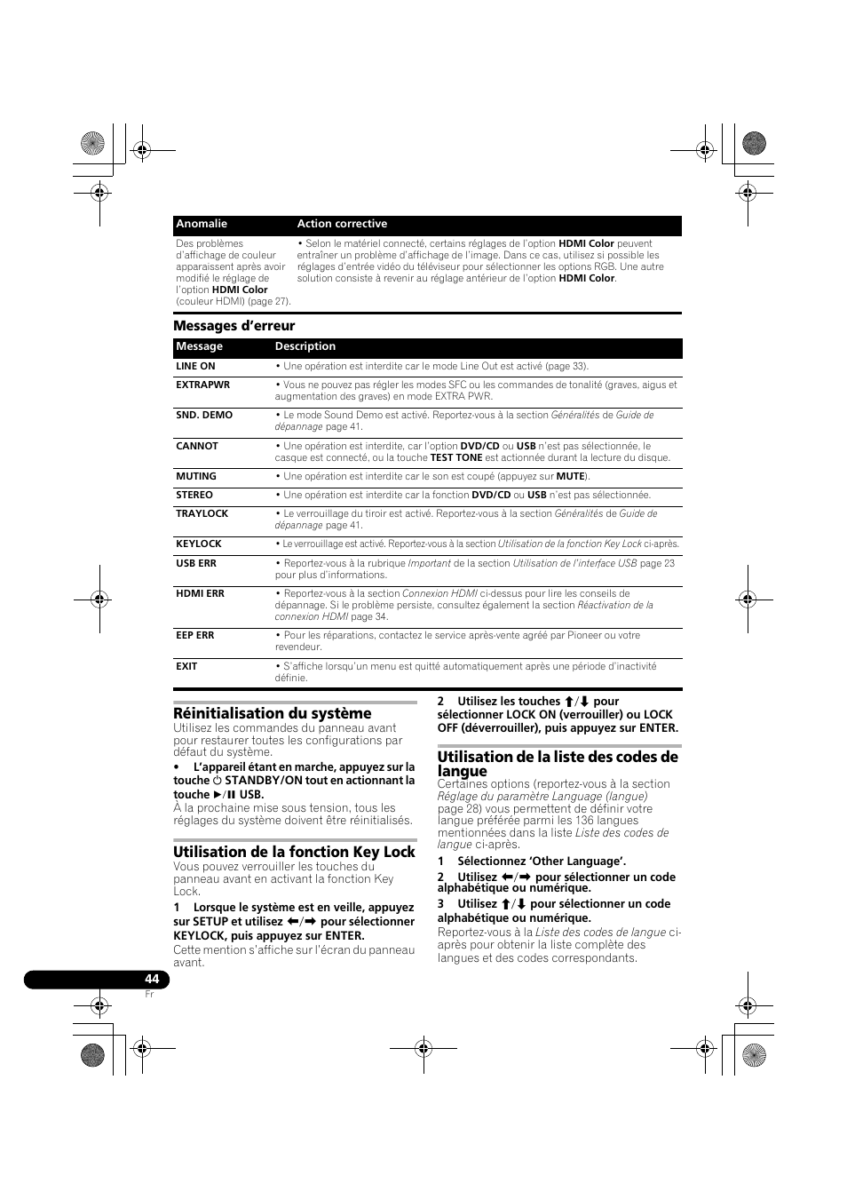 Messages d’erreur, Réinitialisation du système, Utilisation de la fonction key lock | Utilisation de la liste des codes de langue | Pioneer DCS-370 User Manual | Page 90 / 141