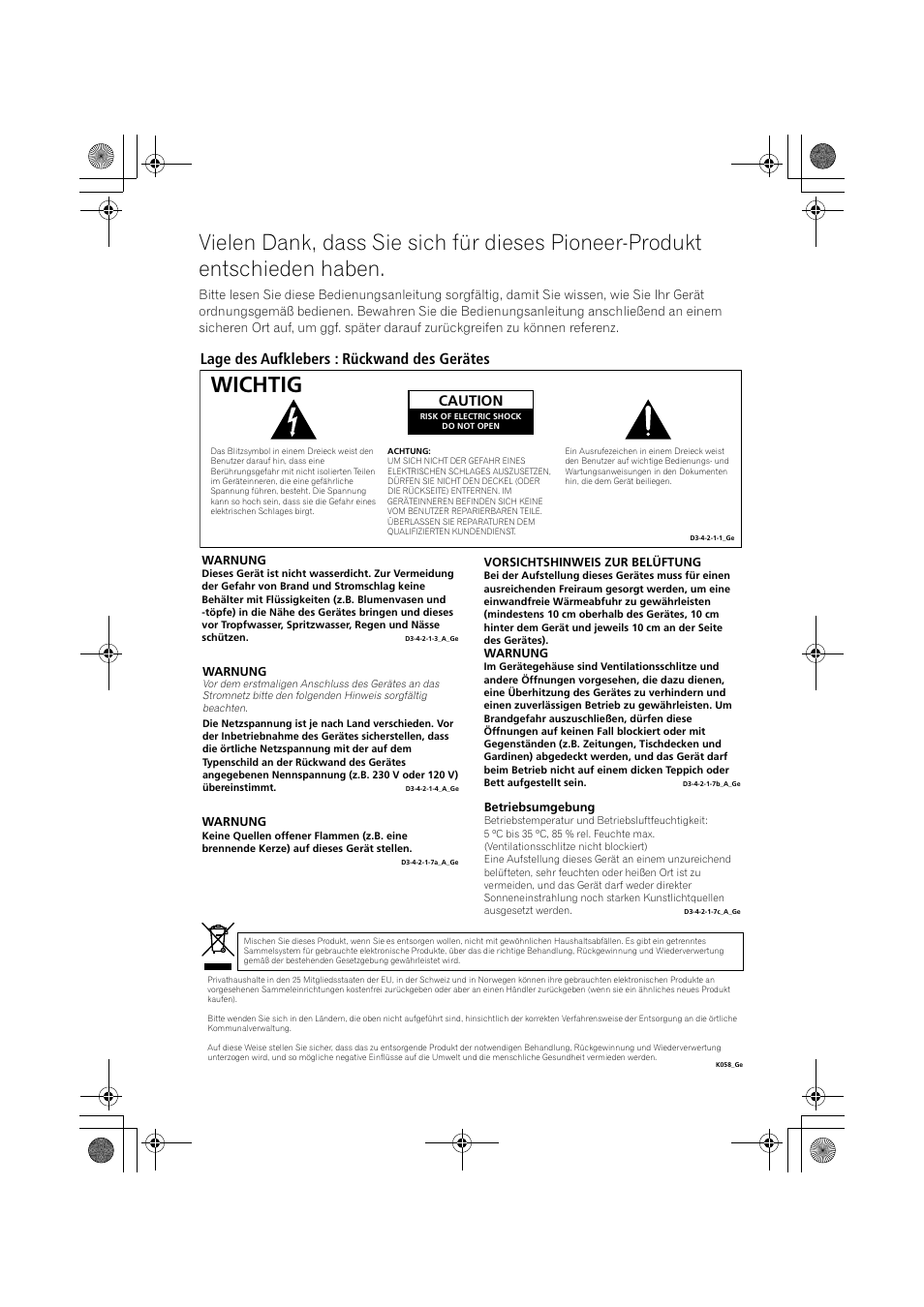 Wichtig, Lage des aufklebers : rückwand des gerätes, Caution | Pioneer DCS-370 User Manual | Page 94 / 141