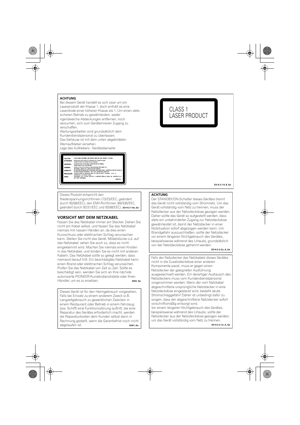 Class 1 laser product | Pioneer DCS-370 User Manual | Page 95 / 141