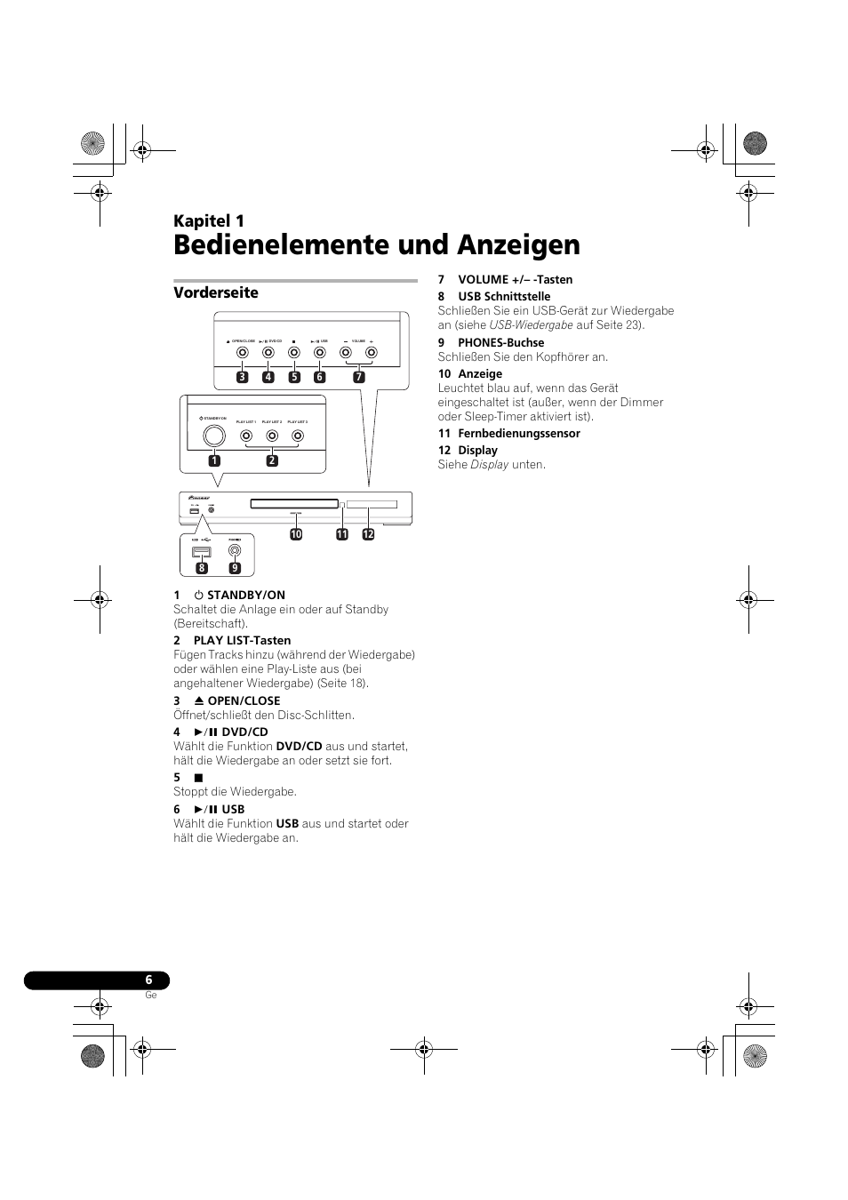 01 bedienelemente und anzeigen, Vorderseite, Bedienelemente und anzeigen | Kapitel 1 | Pioneer DCS-370 User Manual | Page 98 / 141