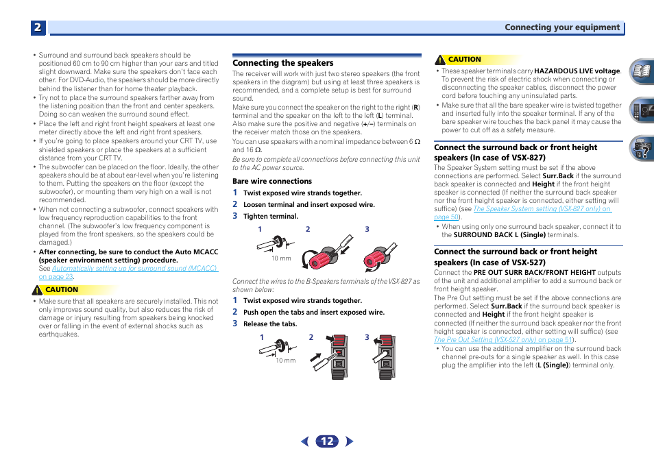 Connecting the speakers, Connect the surround back or front height speakers, In case of vsx-827) | In case of vsx-527) | Pioneer VSX-527-K User Manual | Page 12 / 68