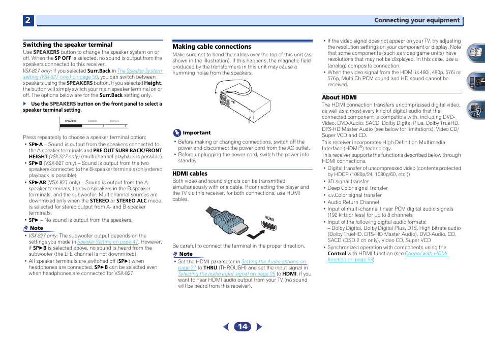 Switching the speaker terminal, Making cable connections, Hdmi cables | About hdmi | Pioneer VSX-527-K User Manual | Page 14 / 68