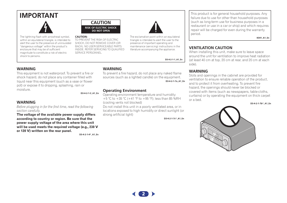 Important, Caution | Pioneer VSX-527-K User Manual | Page 2 / 68