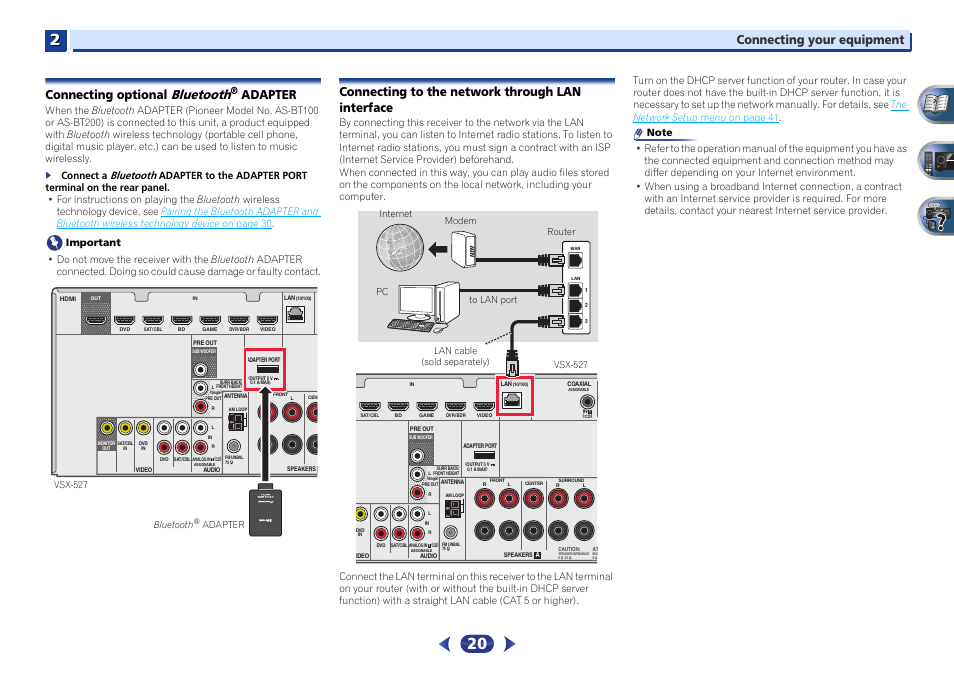 Connecting optional bluetooth, Adapter, Connecting to the network through lan interface | Bluetooth, Connecting your equipment, Connecting optional | Pioneer VSX-527-K User Manual | Page 20 / 68