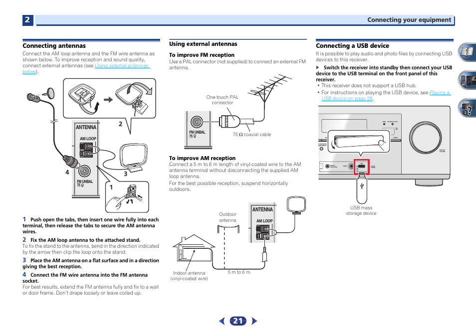 Connecting antennas, Using external antennas, Connecting a usb device | Connecting your equipment | Pioneer VSX-527-K User Manual | Page 21 / 68
