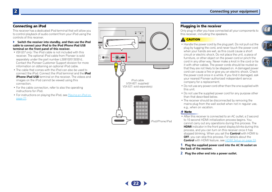 Connecting an ipod, Plugging in the receiver, Connecting your equipment | Pioneer VSX-527-K User Manual | Page 22 / 68