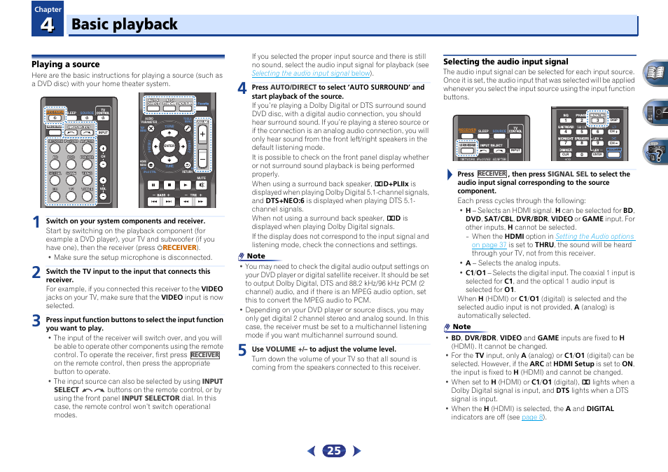 Playing a source, Selecting the audio input signal, Basic playback | Pioneer VSX-527-K User Manual | Page 25 / 68