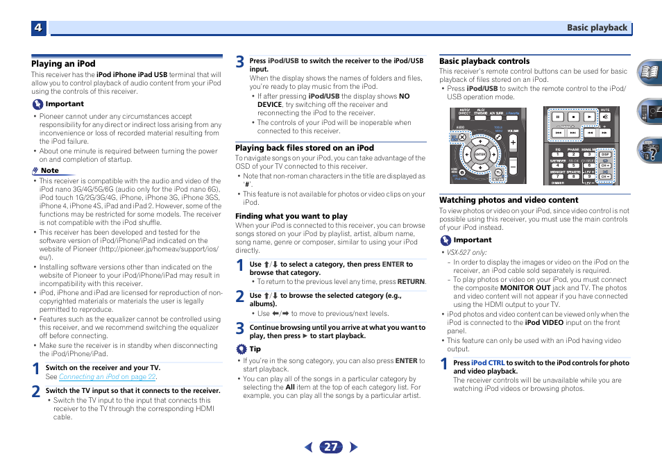 Playing an ipod, Playing back files stored on an ipod, Basic playback controls | Watching photos and video content | Pioneer VSX-527-K User Manual | Page 27 / 68