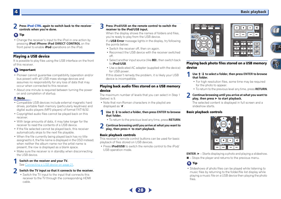 Playing a usb device, Playing back audio files stored on a usb memory, Device | Playing back photo files stored on a usb memory | Pioneer VSX-527-K User Manual | Page 28 / 68