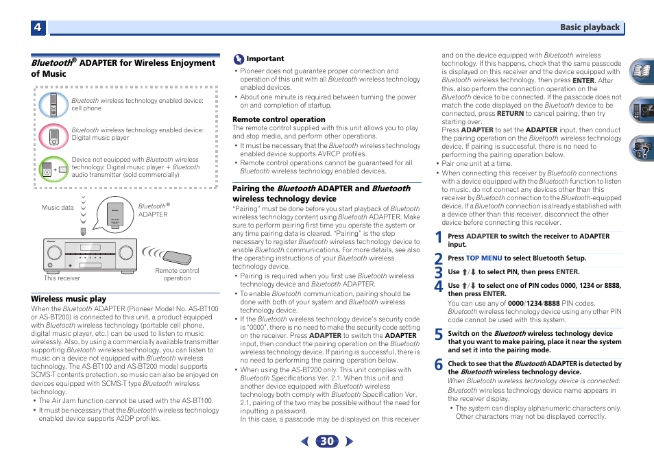Bluetooth, Adapter for wireless enjoyment of music, Wireless music play | Technology device | Pioneer VSX-527-K User Manual | Page 30 / 68