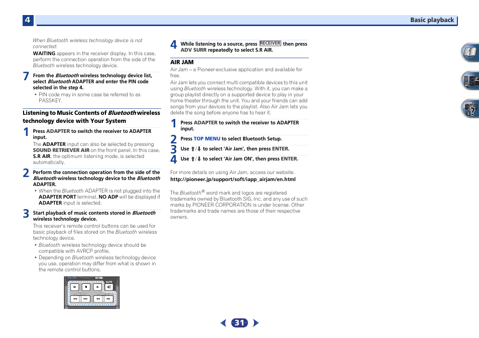 Listening to music contents of bluetooth wireless, Technology device with your system, Air jam | Pioneer VSX-527-K User Manual | Page 31 / 68