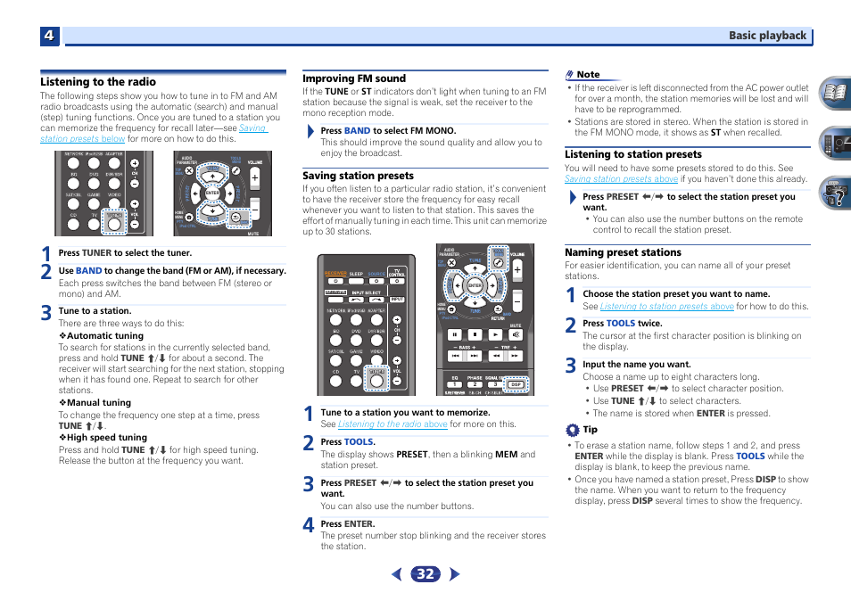 Listening to the radio, Improving fm sound, Saving station presets | Listening to station presets, Naming preset stations | Pioneer VSX-527-K User Manual | Page 32 / 68