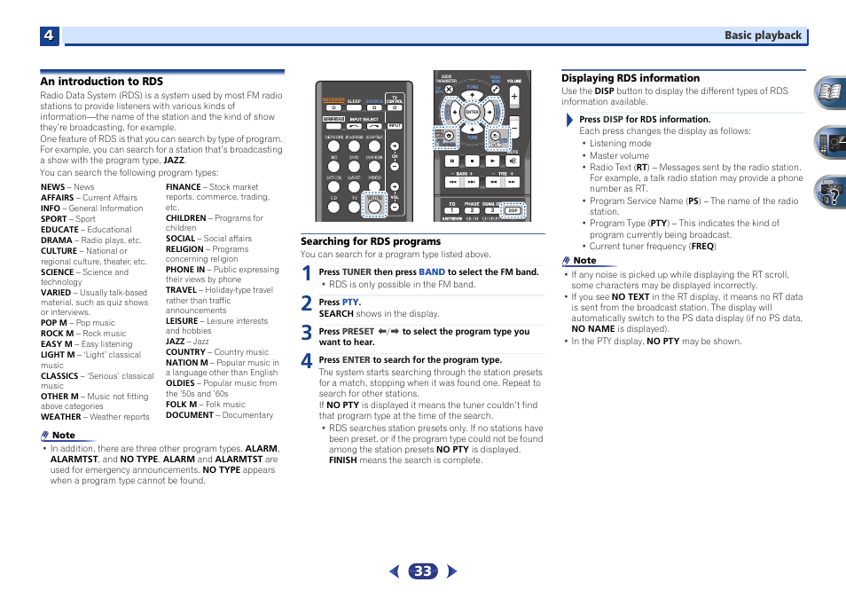An introduction to rds, Searching for rds programs, Displaying rds information | Pioneer VSX-527-K User Manual | Page 33 / 68