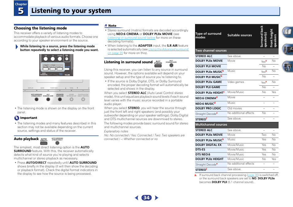 Choosing the listening mode, Auto playback, Listening in surround sound | Listening to your system | Pioneer VSX-527-K User Manual | Page 34 / 68