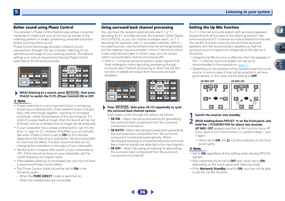 Better sound using phase control, Using surround back channel processing, Setting the up mix function | Pioneer VSX-527-K User Manual | Page 36 / 68