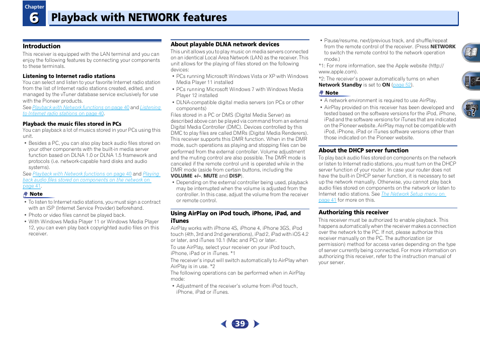 Introduction, About playable dlna network devices, Using airplay on ipod touch, iphone, ipad, and | Itunes, About the dhcp server function, Authorizing this receiver, Playback with network features | Pioneer VSX-527-K User Manual | Page 39 / 68
