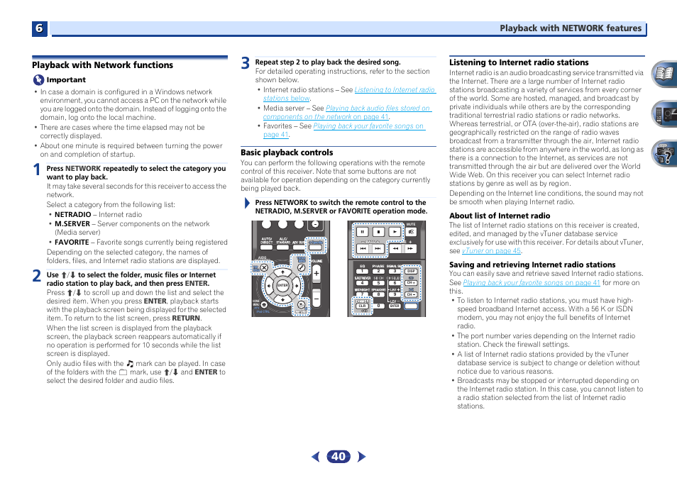 Playback with network functions, Basic playback controls, Listening to internet radio stations | Pioneer VSX-527-K User Manual | Page 40 / 68