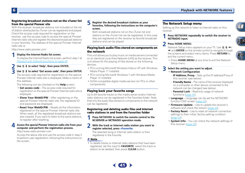 Playing back audio files stored on components on, The network, Playing back your favorite songs | The network setup menu | Pioneer VSX-527-K User Manual | Page 41 / 68