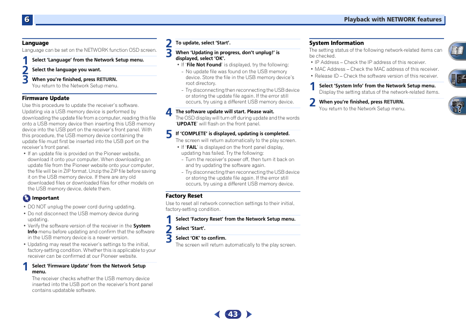 Language, Firmware update, Factory reset | System information | Pioneer VSX-527-K User Manual | Page 43 / 68