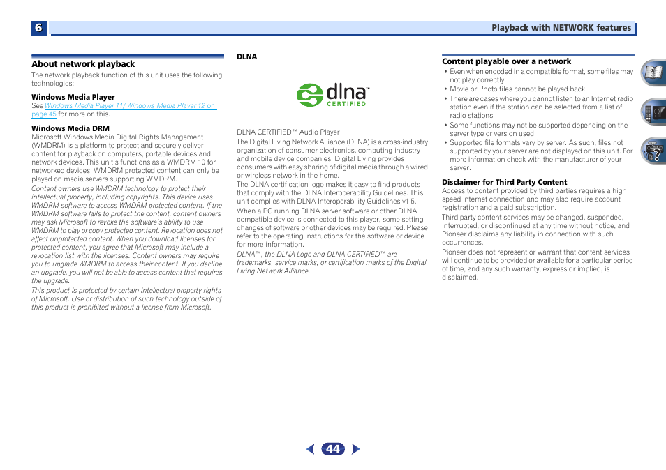 About network playback, Content playable over a network | Pioneer VSX-527-K User Manual | Page 44 / 68