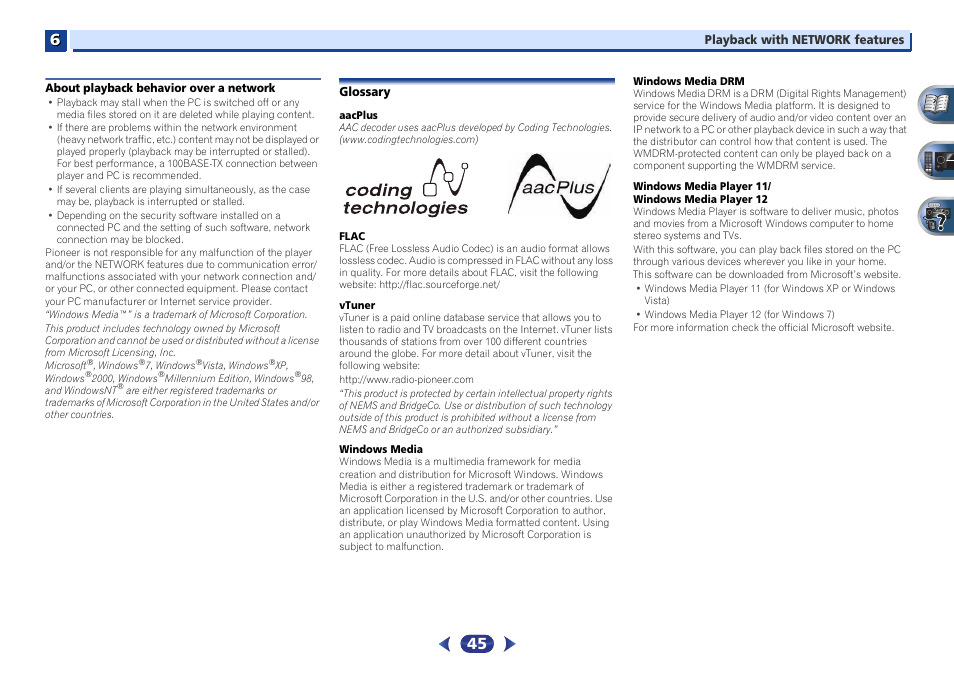 About playback behavior over a network, Glossary | Pioneer VSX-527-K User Manual | Page 45 / 68