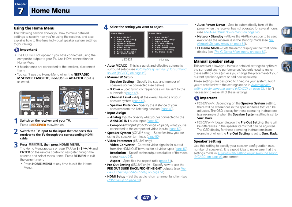 Using the home menu, Manual speaker setup, Speaker setting | Home menu | Pioneer VSX-527-K User Manual | Page 47 / 68