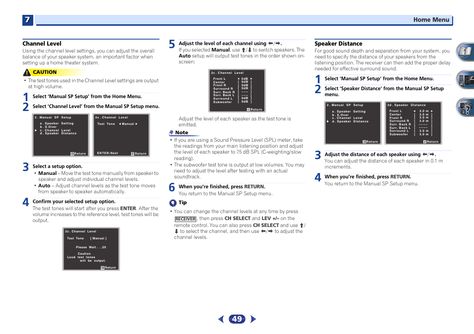 Channel level, Speaker distance | Pioneer VSX-527-K User Manual | Page 49 / 68