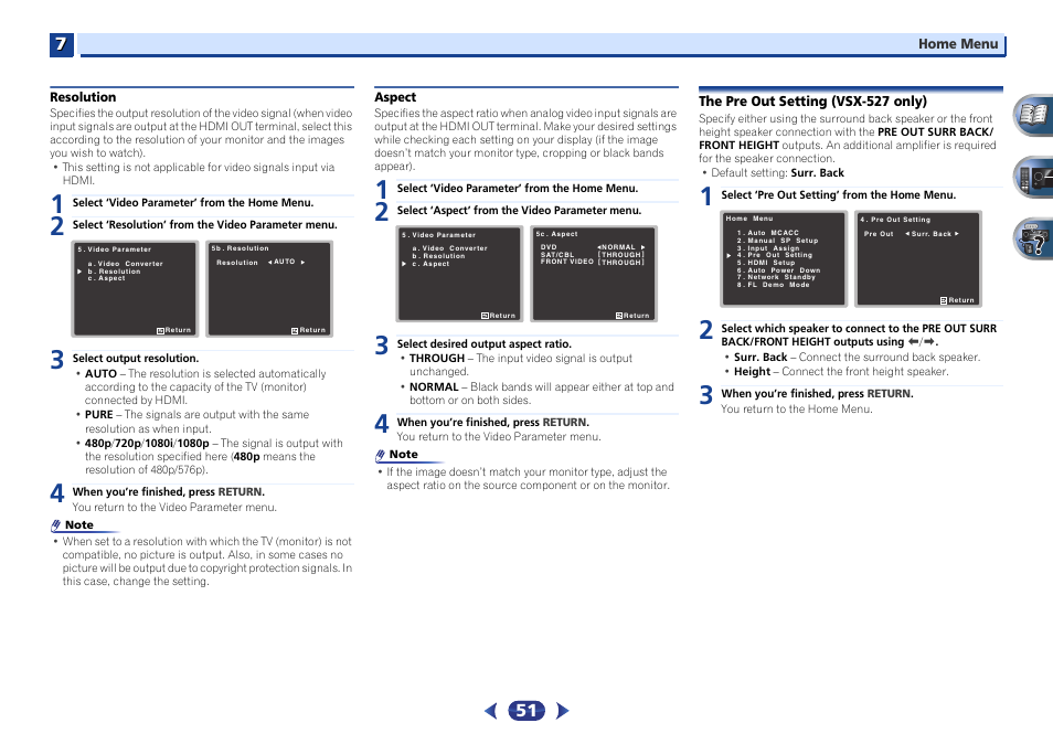 Resolution, Aspect, The pre out setting (vsx-527 only) | Pioneer VSX-527-K User Manual | Page 51 / 68