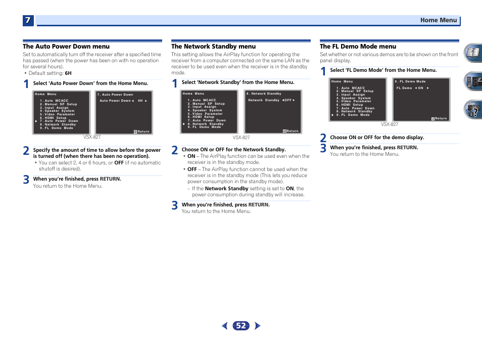 The auto power down menu, The network standby menu, The fl demo mode menu | Pioneer VSX-527-K User Manual | Page 52 / 68