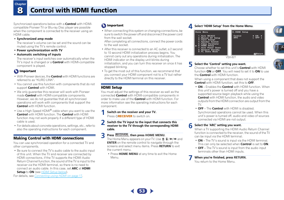 Making control with hdmi connections, Hdmi setup, Control with hdmi function | Pioneer VSX-527-K User Manual | Page 53 / 68