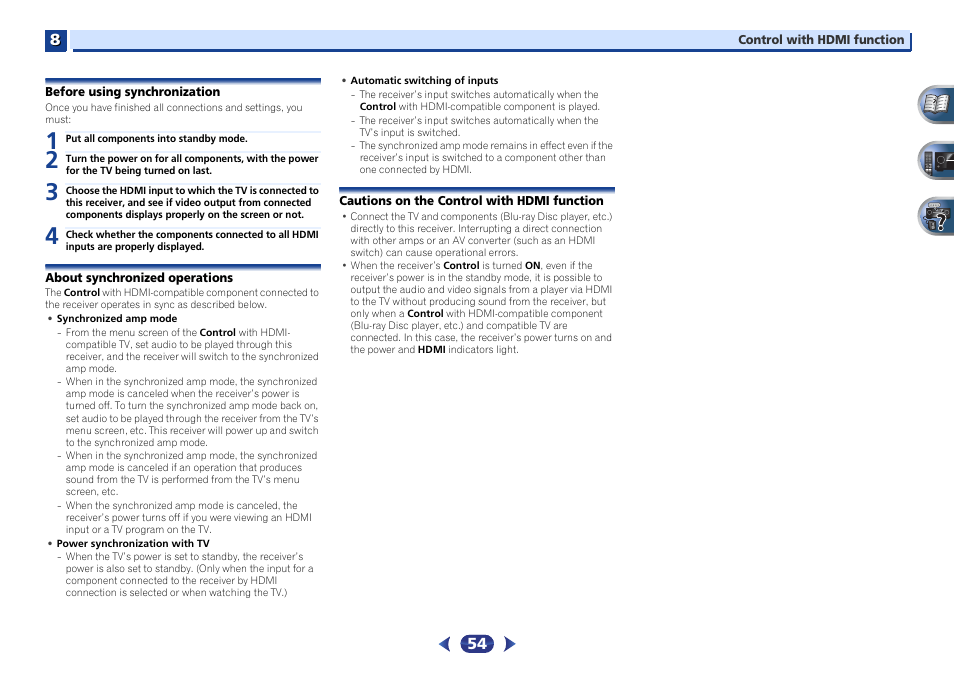 Before using synchronization, About synchronized operations, Cautions on the control with hdmi function | Pioneer VSX-527-K User Manual | Page 54 / 68