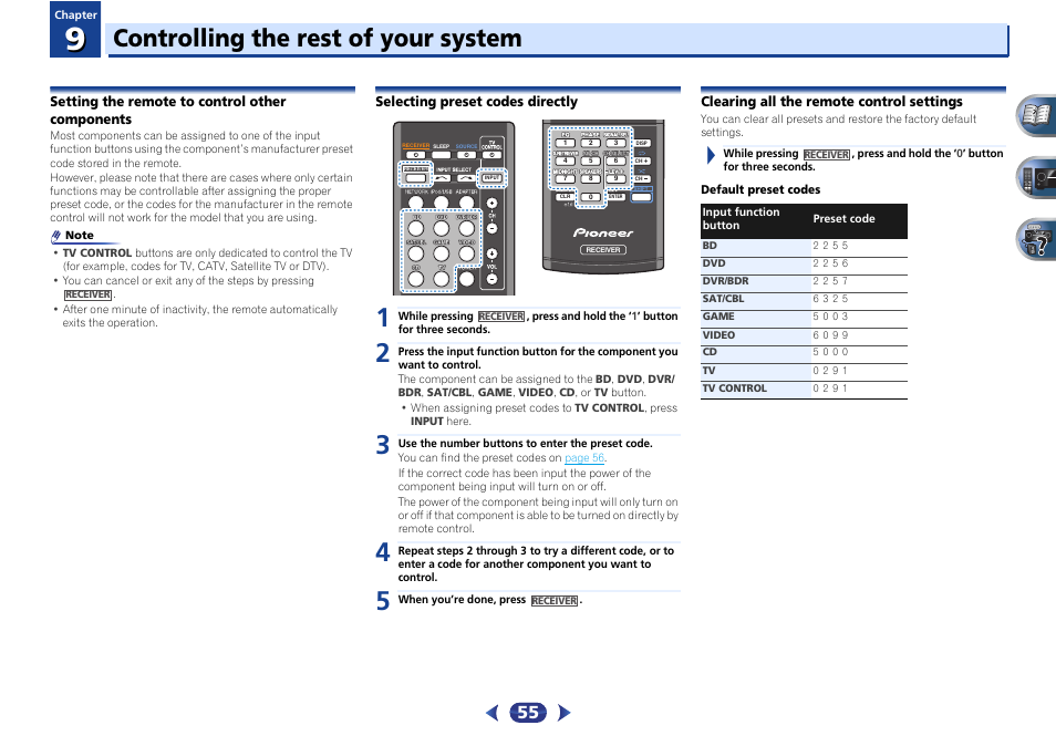 Setting the remote to control other components, Selecting preset codes directly, Clearing all the remote control settings | Controlling the rest of your system | Pioneer VSX-527-K User Manual | Page 55 / 68