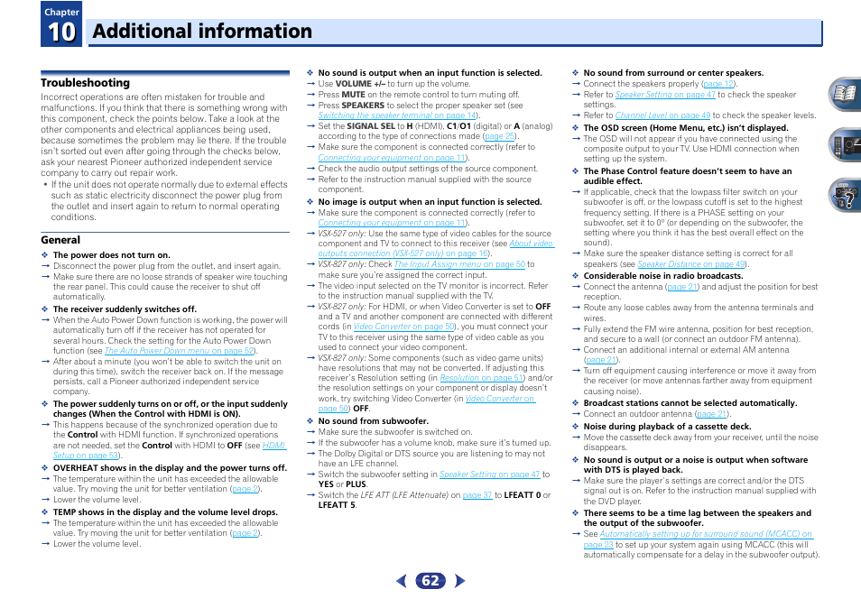 Troubleshooting, General, Additional information | Pioneer VSX-527-K User Manual | Page 62 / 68