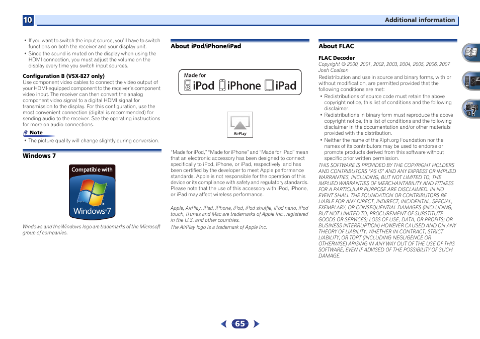 Windows 7, About ipod/iphone/ipad, About flac | Pioneer VSX-527-K User Manual | Page 65 / 68