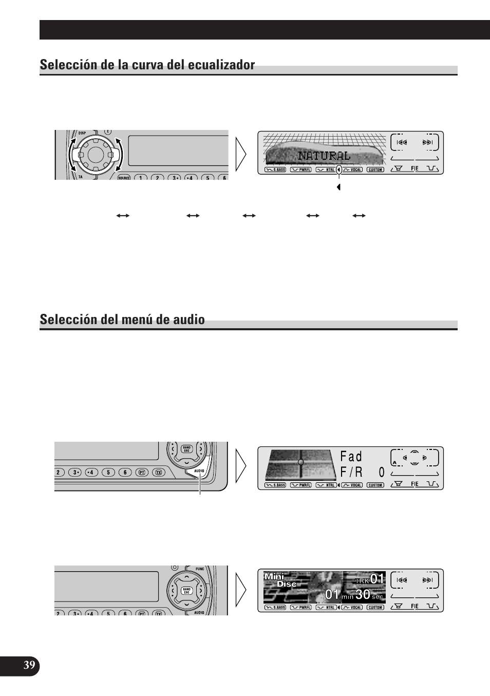 Ajuste de audio, A title (english), Selección de la curva del ecualizador | Selección del menú de audio | Pioneer MEH-P7100R User Manual | Page 100 / 124