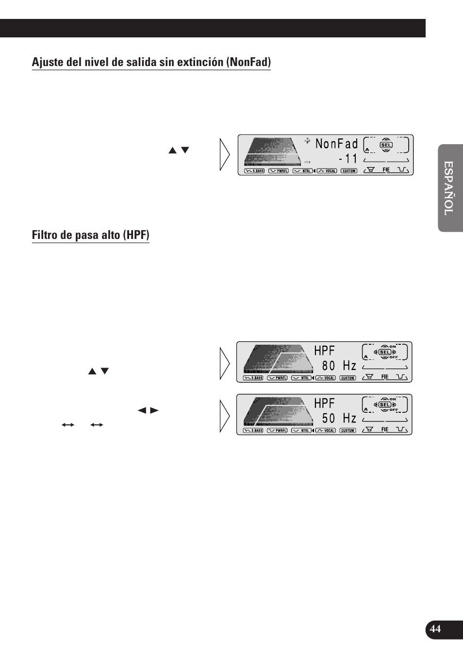 Ajuste del nivel de salida sin extinción (nonfad), Filtro de pasa alto (hpf) | Pioneer MEH-P7100R User Manual | Page 105 / 124