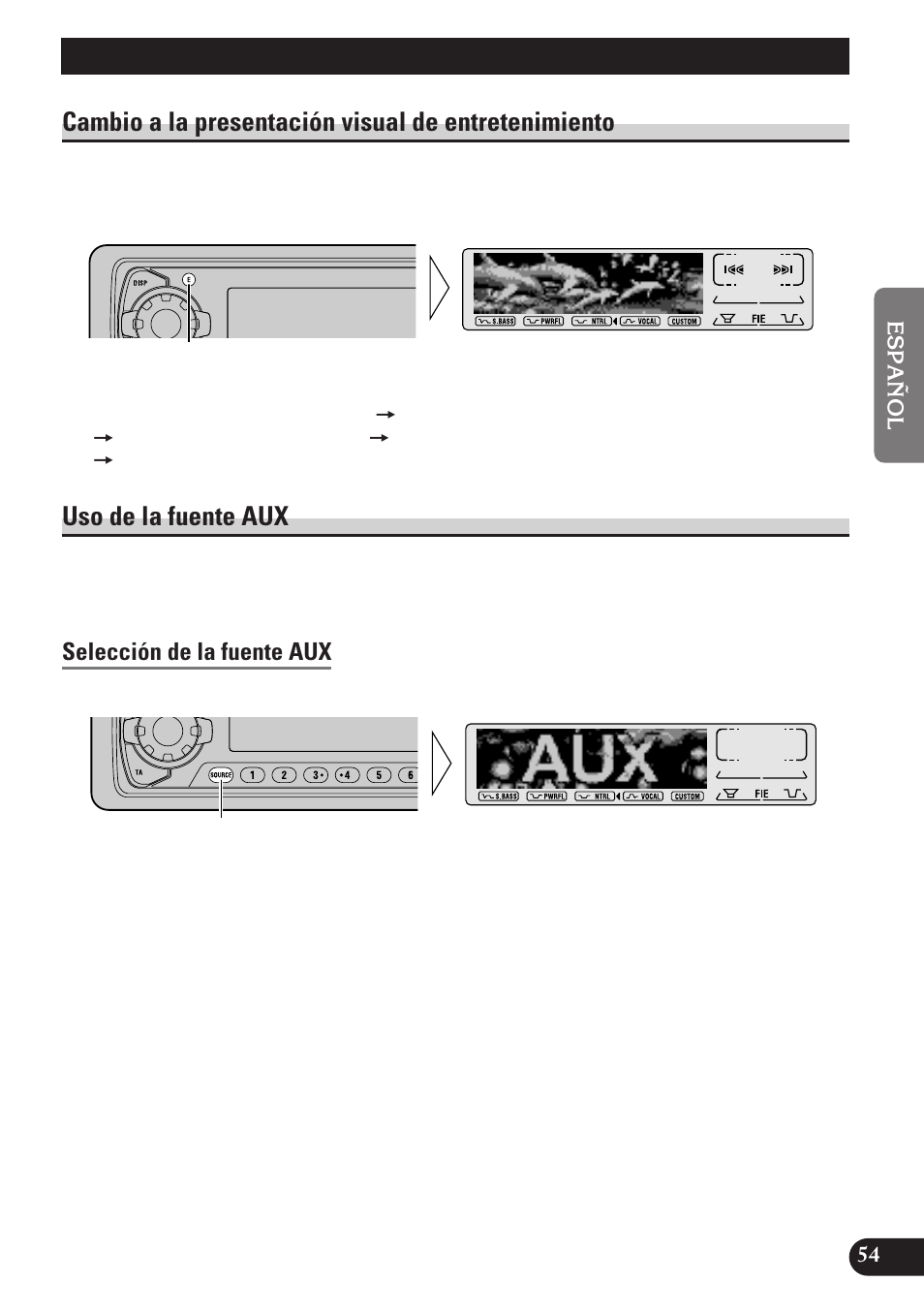 Otras funciones, Cambio a la presentación visual de, Entretenimiento | Uso de la fuente aux, Selección de la fuente aux, Ingreso de título para la fuente aux (title), Cambio a la presentación visual de entretenimiento | Pioneer MEH-P7100R User Manual | Page 115 / 124