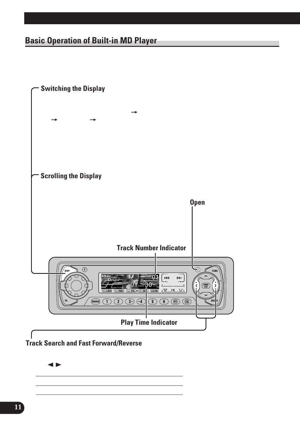 Basic operation of built-in md player, Switching the display, Scrolling the display | Open, Track search and fast forward/reverse, Disc loading slot, Eject, Basic operation | Pioneer MEH-P7100R User Manual | Page 12 / 124