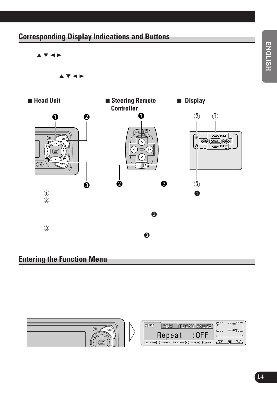 Corresponding display indications and, Buttons, Entering the function menu | Corresponding display indications and buttons | Pioneer MEH-P7100R User Manual | Page 15 / 124