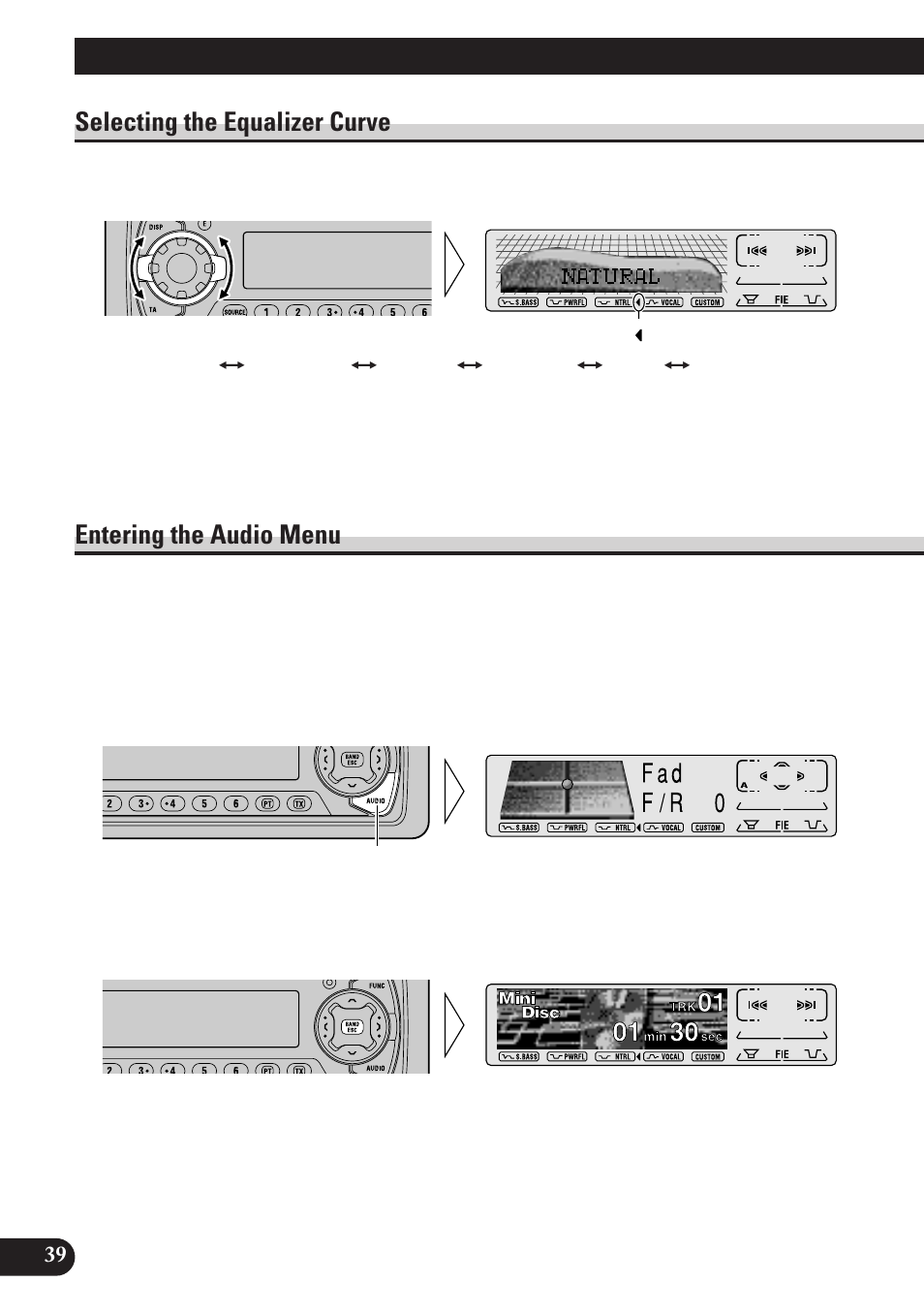 Audio adjustment, A title (english), Selecting the equalizer curve | Entering the audio menu | Pioneer MEH-P7100R User Manual | Page 40 / 124