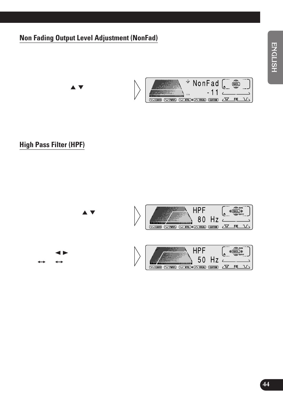 Non fading output level adjustment (nonfad), High pass filter (hpf) | Pioneer MEH-P7100R User Manual | Page 45 / 124