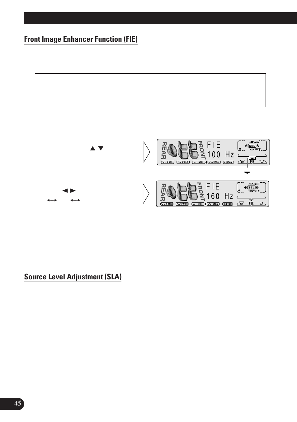 Audio adjustment, Front image enhancer function (fie), Source level adjustment (sla) | Pioneer MEH-P7100R User Manual | Page 46 / 124