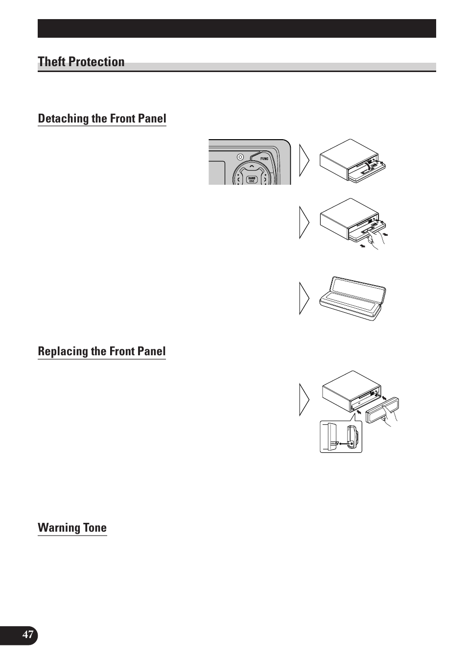 Detaching and replacing the, Front panel, Theft protection | Detaching the front panel, Replacing the front panel, Warning tone, Detaching and replacing the front panel | Pioneer MEH-P7100R User Manual | Page 48 / 124