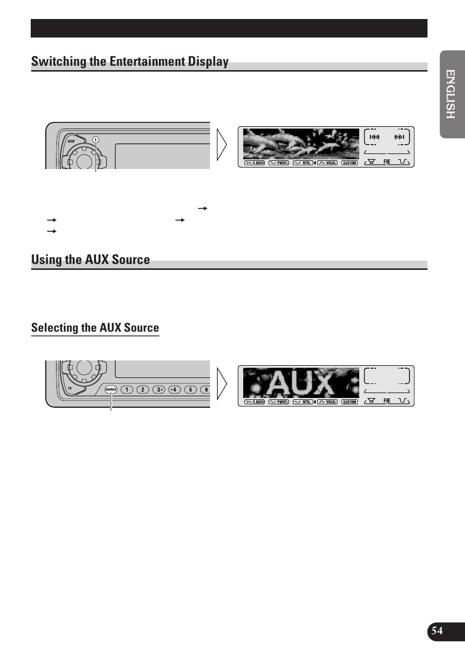 Other functions, Selecting the aux source, Aux title input (title) | Switching the entertainment display, Using the aux source | Pioneer MEH-P7100R User Manual | Page 55 / 124