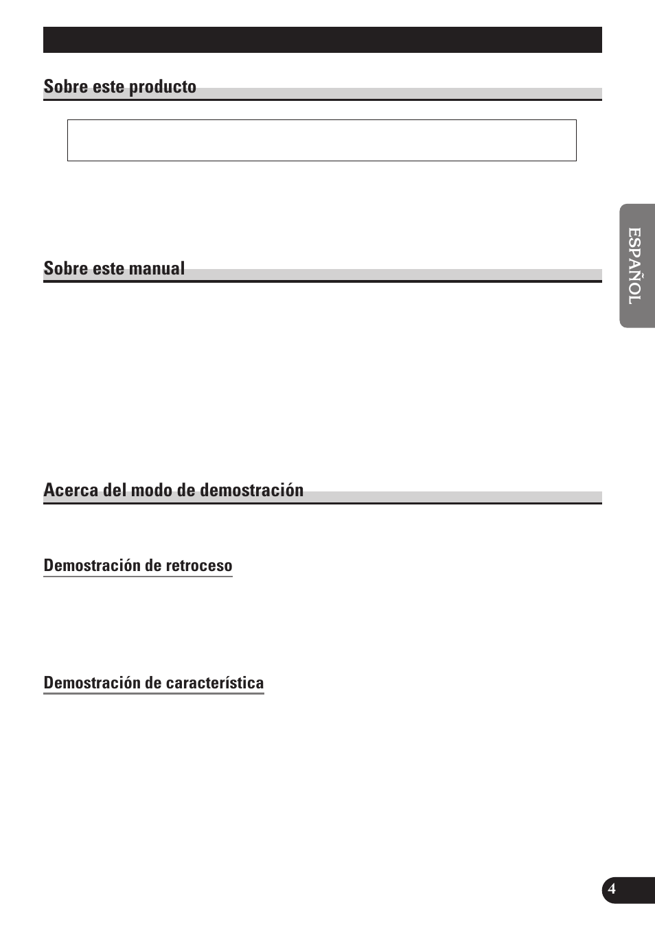 Antes de usar este producto, Demostración de retroceso, Demostración de característica | Sobre este producto, Sobre este manual, Acerca del modo de demostración | Pioneer MEH-P7100R User Manual | Page 65 / 124